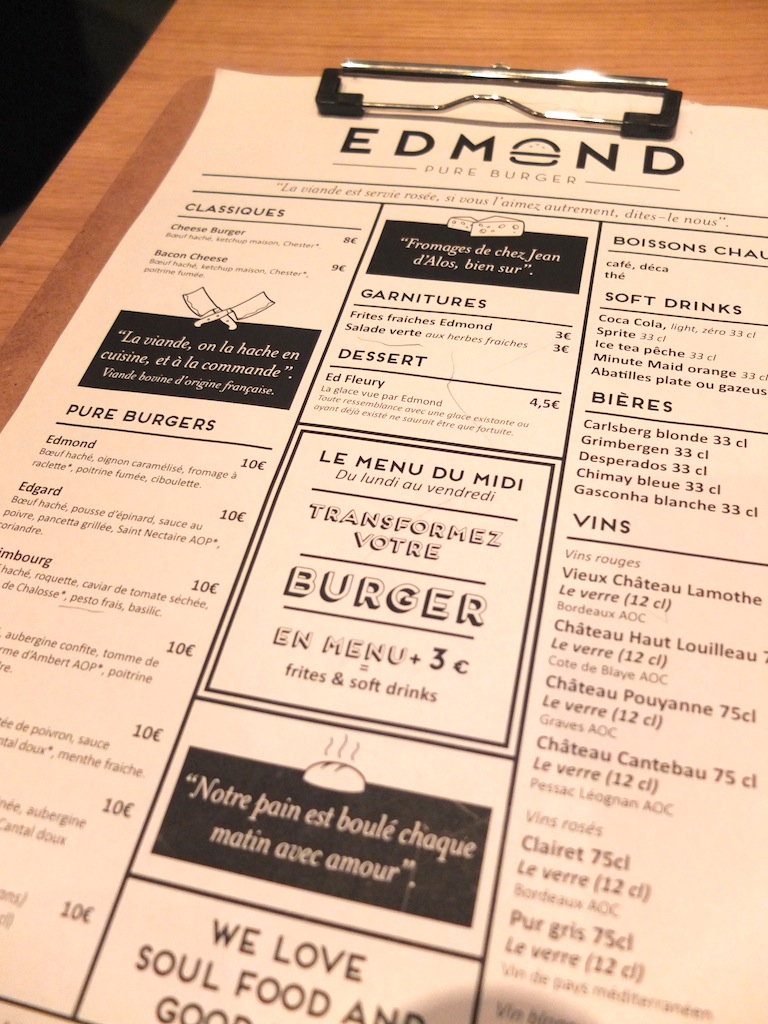 Carte Edmond Pure Burger - Bordeaux